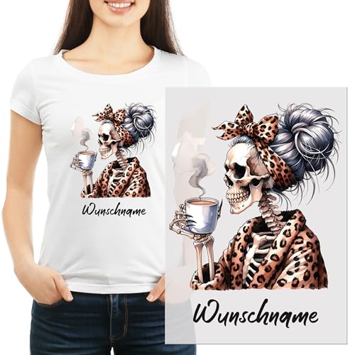 GRAZDesign Bügelbild Skelett Frau mit Namen personalisiert, lustiges Motiv Gruselgeschenke für Frauen zum aufbügeln Halloween von GRAZDesign