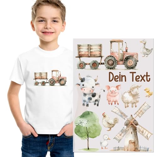 GRAZDesign Bügelbild Trecker mit Tieren mit Namen personalisiert, DIN A4 Bogen Textilaufkleber zum selbst bügeln von GRAZDesign