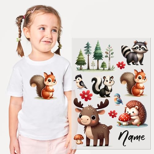 GRAZDesign Bügelbild Waldtiere mit Namen personalisiert, DIN A4 Bogen Textilaufkleber für Kinder von GRAZDesign