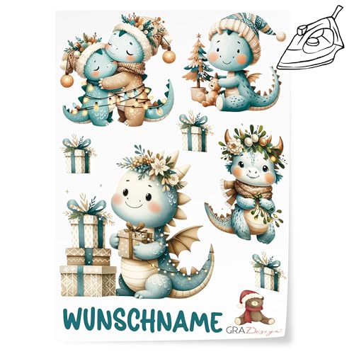 GRAZDesign Bügelbild Weihnachten Set für Textilien Drachen DIN A4 zum selbst aufbügeln, Kinder mit Namen personalisiert von GRAZDesign