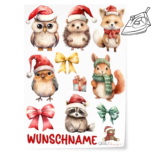 GRAZDesign Bügelbild Weihnachten Set für Textilien Tiere DIN A4 zum selbst aufbügeln, Kinder mit Namen personalisiert von GRAZDesign