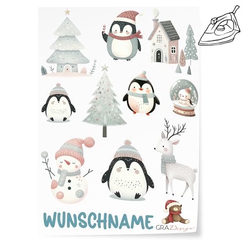 GRAZDesign Bügelbild Weihnachten Set für Textilien Tiere DINA4 zum aufbügeln Kinder mit Namen personalisiert von GRAZDesign