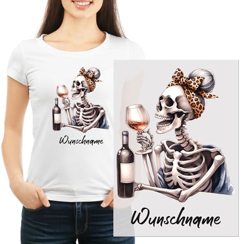 GRAZDesign Bügelbild Wein Skelett mit Namen personalisiert, lustiges Motiv Gruselgeschenke für Frauen zum aufbügeln Halloween von GRAZDesign