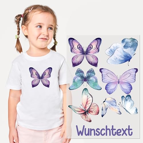 GRAZDesign Bügelbilder 7 Schmetterlinge blau mit Namen personalisiert Set für Textilien DIN A4 Mädchen Textilaufkleber zum aufbügeln von GRAZDesign