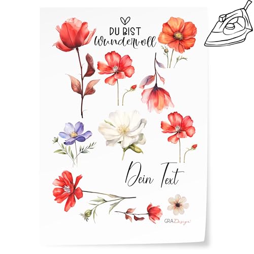 GRAZDesign Bügelbilder Blumen & Spruch zum aufbügeln mit Namen personalisiert, beliebig platzierbar, DIN A4 Bogen von GRAZDesign