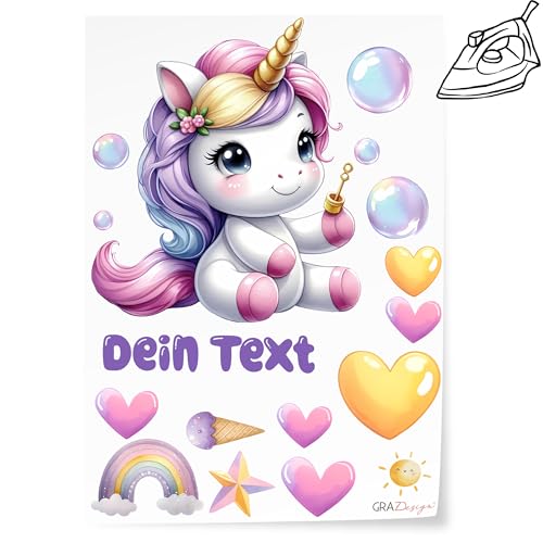 GRAZDesign Bügelbilder Einhorn Set Mädchen für Textilien DIN A4 zum selbst aufbügeln mit Namen personalisiert von GRAZDesign