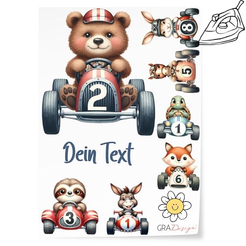 GRAZDesign Bügelbilder Set Autos für Textilien DIN A4 zum selbst aufbügeln für Kinder mit Namen personalisiert von GRAZDesign