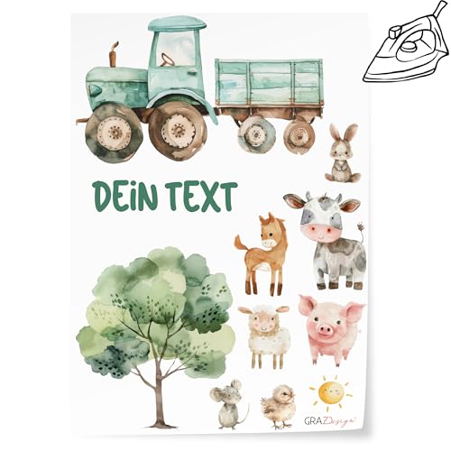 GRAZDesign Bügelbilder Set Bauernhof für Textilien DIN A4 zum selbst aufbügeln für Kinder mit Namen personalisiert von GRAZDesign