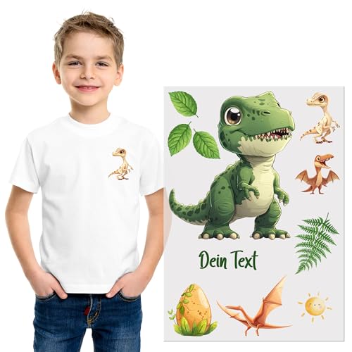 GRAZDesign Bügelbilder Set Dinos für Textilien DIN A4 zum selbst aufbügeln für Kinder mit Namen personalisiert von GRAZDesign