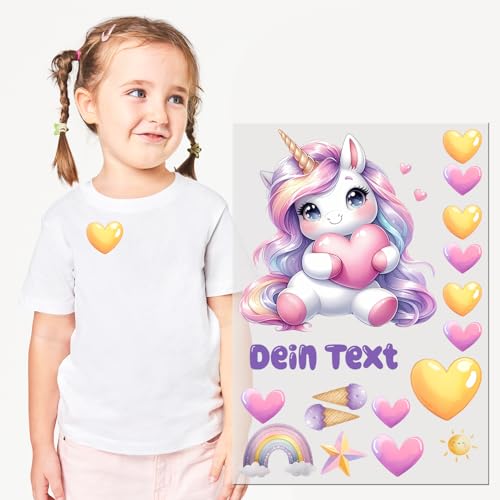 GRAZDesign Bügelbilder Set Einhorn Mädchen für Textilien DIN A4 zum selbst aufbügeln mit Namen personalisiert von GRAZDesign