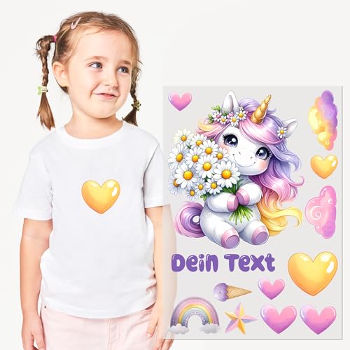 GRAZDesign Bügelbilder Set Mädchen Einhorn für Textilien DIN A4 zum selbst aufbügeln mit Namen personalisiert DTF von GRAZDesign