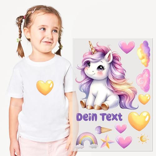 GRAZDesign Bügelbilder Set Mädchen Einhorn für alle Textilien DINA4 zum selbst aufbügeln mit Namen personalisiert von GRAZDesign