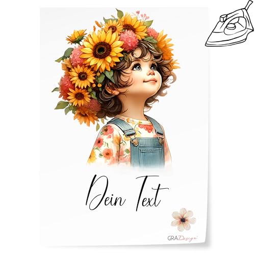 GRAZDesign Bügelbilder Set Mädchen mit Blumen für Textilien DIN A4 zum selbst aufbügeln mit Namen personalisiert gelb von GRAZDesign