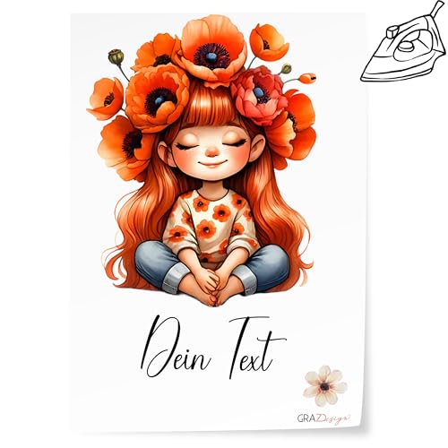 GRAZDesign Bügelbilder Set Mädchen mit Blumen für Textilien DIN A4 zum selbst aufbügeln mit Namen personalisiert orange von GRAZDesign