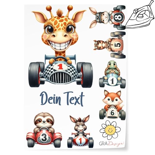 GRAZDesign Bügelbilder Set Rennautos für Textilien DIN A4 zum selbst aufbügeln für Kinder mit Namen personalisiert von GRAZDesign