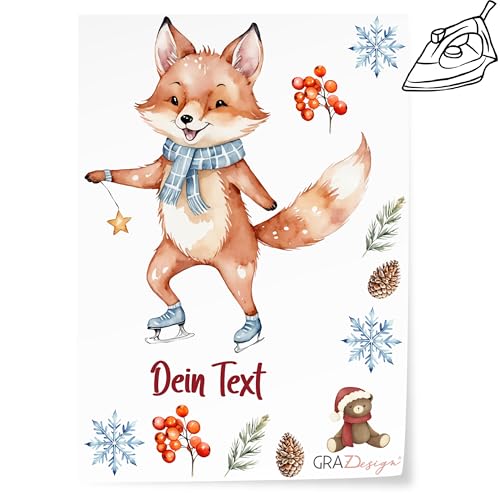 GRAZDesign Bügelbilder Set für Textilien Weihnachten Fuchs mit Schlittschuh DIN A4 zum selbst aufbügeln, Kinder mit Namen von GRAZDesign