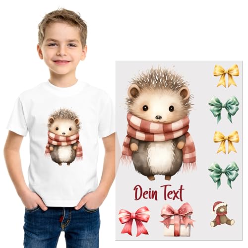 GRAZDesign Bügelbilder Set für Textilien Weihnachten Igel DIN A4 zum selbst aufbügeln, Kinder mit Namen personalisiert von GRAZDesign