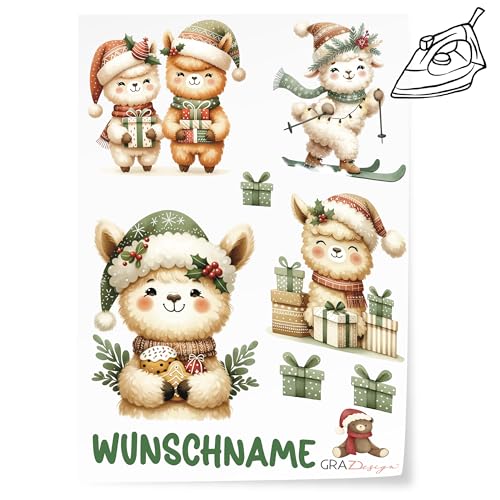 GRAZDesign Bügelbilder Set für Textilien Weihnachten Lamas DIN A4 zum selbst aufbügeln, Kinder mit Namen personalisiert von GRAZDesign