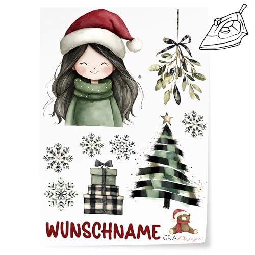 GRAZDesign Bügelbilder Set für Textilien Weihnachten Mädchen DIN A4 zum selbst aufbügeln, Kinder mit Namen von GRAZDesign