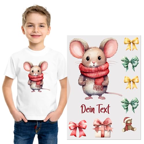 GRAZDesign Bügelbilder Set für Textilien Weihnachten Maus DIN A4 zum selbst aufbügeln, Kinder mit Namen personalisiert von GRAZDesign