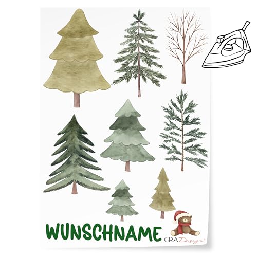 GRAZDesign Bügelbilder Set für Textilien Weihnachten Tannenbäume DIN A4 zum selbst aufbügeln mit Namen personalisiert von GRAZDesign