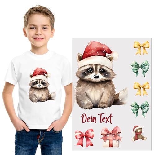 GRAZDesign Bügelbilder Set für Textilien Weihnachten Waschbär DIN A4 zum selbst aufbügeln, Kinder mit Namen personalisiert von GRAZDesign