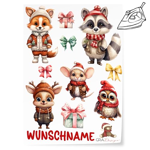 GRAZDesign Bügelbilder Set für Textilien Weihnachten süße Tiere DIN A4 zum selbst aufbügeln, Kinder mit Namen personalisiert von GRAZDesign