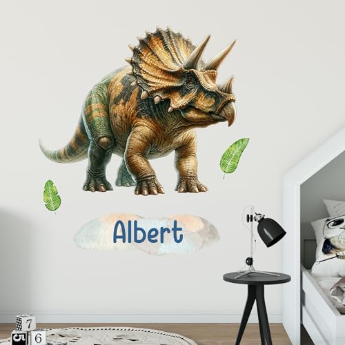 GRAZDesign Dinosaurier Wandtattoo Dino mit Namen personalisiert Triceratops Wandsticker Kinderzimmer Junge Wandaufkleber Babyzimmer selbstklebend - 55x50cm von GRAZDesign