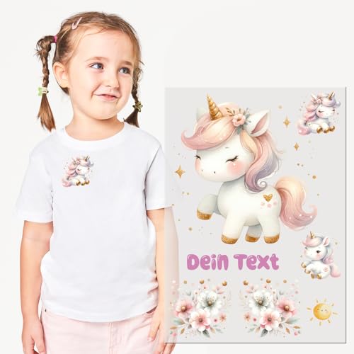 GRAZDesign Einhorn Bügelbilder Set Mädchen für Textilien DIN A4 zum selbst aufbügeln mit Namen personalisiert von GRAZDesign