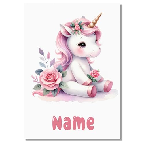 GRAZDesign Einhorn Wandbild Kinderzimmer mit Namen personalisiert - A4 Bilder Babyzimmer rosa Deko Mädchen von GRAZDesign