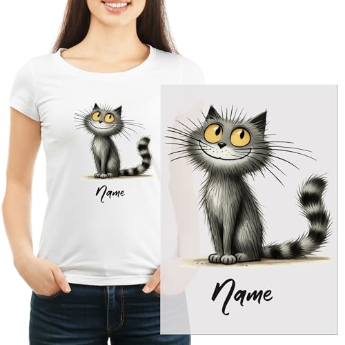 GRAZDesign Katze Bügelbild mit Namen personalisiert für Kinder und Erwachsene DIN A4 Bogen Aufbügler von GRAZDesign