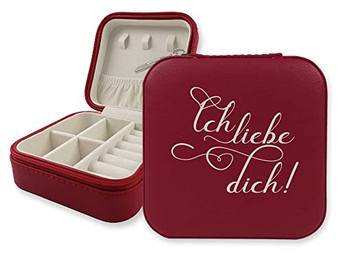 GRAZDesign Schmuckkästchen Reise Schmuckschatulle Ich liebe DIch, Geschenke für sie, Frauen, Schmuckaufbewahrung Reise Lederoptik in rot 10x10cm von GRAZDesign