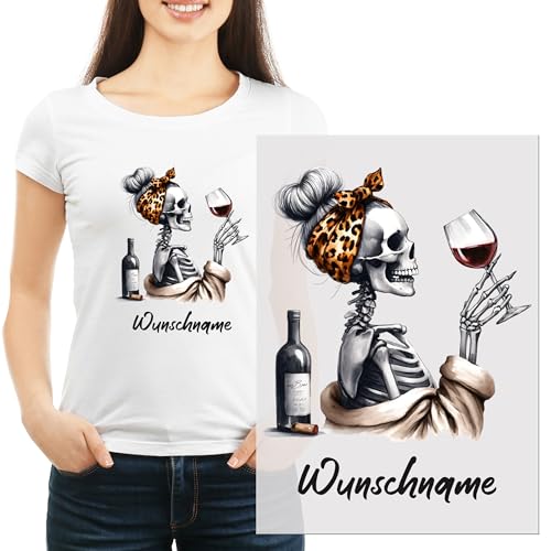 GRAZDesign Skelett Bügelbild Frau mit Namen personalisiert, lustiges Motiv Gruselgeschenke für Frauen zum aufbügeln Halloween von GRAZDesign