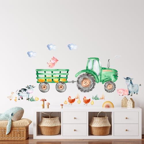 GRAZDesign Wandtattoo Bauernhof Set, Grüner Traktor mit Tieren, Wandsticker für Kinderzimmer & Babyzimmer - 100x57cm von GRAZDesign