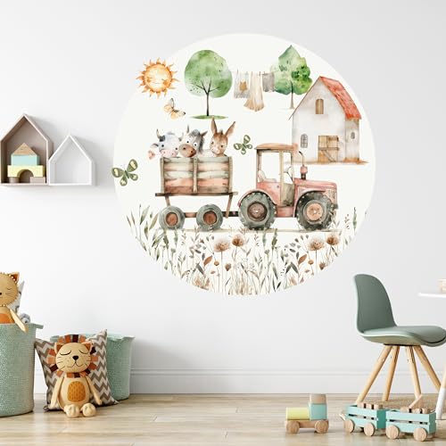 GRAZDesign Wandtattoo Bauernhof XXL rund Wandsticker Kinderzimmer Jungen Trecker Traktor Tiere Wandaufkleber - 101x100cm von GRAZDesign