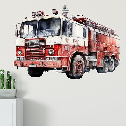 GRAZDesign Wandtattoo Feuerwehr Kinderzimmer, Wand Aufkleber Tattoo Kinder Auto, Feuerwehrauto Wandaufkleber für Jungenzimmer & Teenager 82x57cm von GRAZDesign