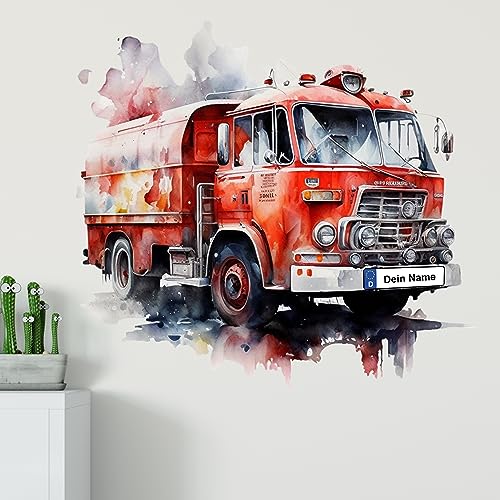 GRAZDesign Wandtattoo Feuerwehr Kinderzimmer Junge mit Namen personalisiert, Wand Aufkleber Tattoo Kinder Auto, Feuerwehrauto Wandaufkleber für Jungenzimmer 43x40cm von GRAZDesign