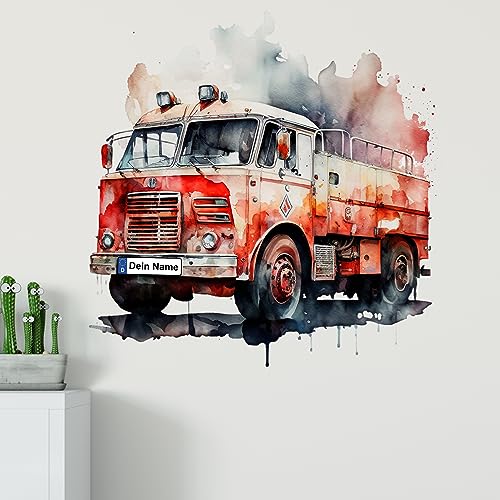 GRAZDesign Wandtattoo Feuerwehr Kinderzimmer Junge mit Namen personalisiert, Wand Aufkleber Tattoo Kinder Auto, Feuerwehrauto Wandaufkleber für Jungenzimmer 57x57cm von GRAZDesign