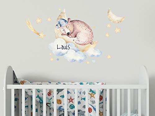 GRAZDesign Wandtattoo Kinderzimmer Junge, Bär auf Mond und Namen, Babyzimmer personalisiert, Entfernbare Wandsticker / 100x57cm von GRAZDesign