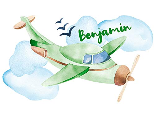 GRAZDesign Wandtattoo Kinderzimmer Junge Flugzeug | personalisiert mit Name | Wandsticker Babyzimmer Baby Jungen | Wandaufkleber Kinderzimmer Deko 69x40cm, Grün von GRAZDesign