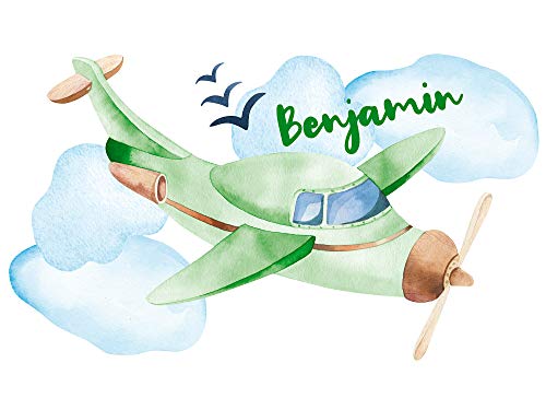 GRAZDesign Wandtattoo Kinderzimmer Junge Flugzeug | personalisiert mit Name | Wandsticker Babyzimmer Baby Jungen | Wandaufkleber Kinderzimmer Deko 86x50cm, Grün von GRAZDesign