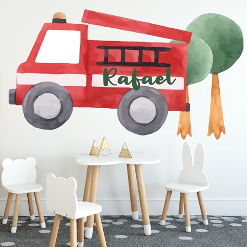 GRAZDesign Wandtattoo Kinderzimmer Junge Name Feuerwehr & Auto Babyzimmer, personalisiert Sticker Fahrzeuge selbstklebend Coole Geschenke Kinder BxH (157x90cm) von GRAZDesign