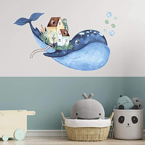 GRAZDesign Wandtattoo Kinderzimmer Wal mit Häuser, Wandsticker Unterwasserwelt als Aufkleber für Kinderzimmer & Babyzimmer, Wandaufkleber Bad, Aquarell Größe 100x57cm von GRAZDesign