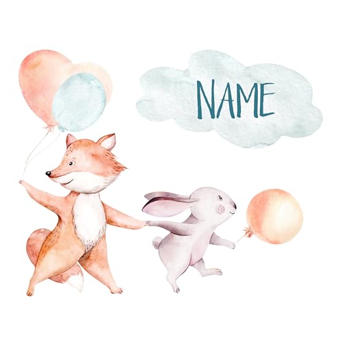 GRAZDesign Wandtattoo Name Fuchs & Hase, Luftballons für Babyzimmer Kinderzimmer Wandsticker über Bett, Wickelkommode - 49x40cm von GRAZDesign