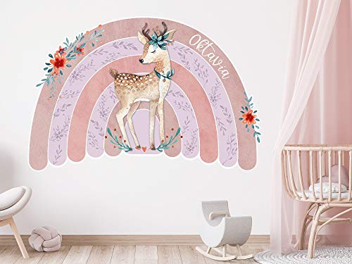 GRAZDesign Wandtattoo Regenbogen Kinderzimmer mit Namen personalisiert, Wandsticker Babyzimmer Kinder Aufkleber, Tiere Reh für Jungen und Mädchen von GRAZDesign