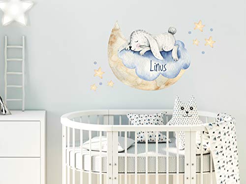 GRAZDesign Wandtattoo Babyzimmer Junge Mädchen, Hase auf Mond Namen, Kinderzimmerzimmer personalisiert, Entfernbare Wandsticker / 100x57cm von GRAZDesign