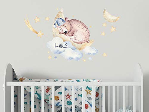 GRAZDesign Wandtattoo Kinderzimmer Junge, Bär auf Mond und Namen, Babyzimmer personalisiert, Entfernbare Wandsticker / 70x40cm von GRAZDesign