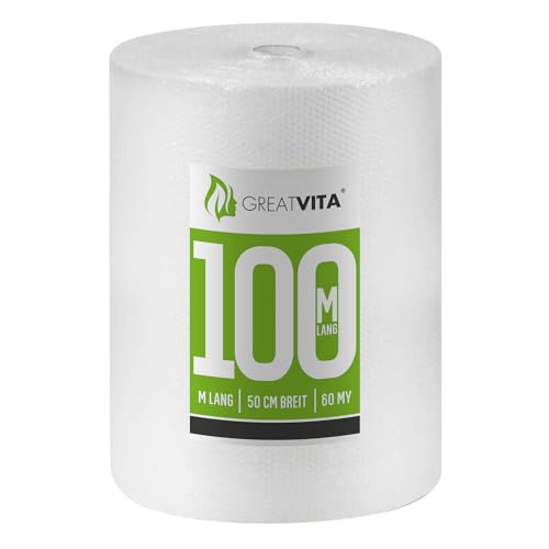 GREAT VITA GreatVita 1x Luftpolsterfolie 50cm x 100m 60my - Schutzpolsterfolie für empfindliche Gegenstände | Versand- und Verpackungsfolie für Umzüge100% recycelbar, Premium Qualität Noppenfolie von GREAT VITA