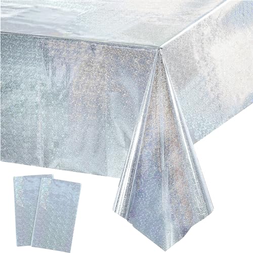 Tischdecke Geburtstag Silber Glitzer 2 Stück - Metallic Wasserabweisend Einweg Party Tischdecke für Silberhochzeit Abschluss Disco Geburtstag Abschluss Silvester Tischdecke Dekorationen 137 x 274cm von GREATRIL