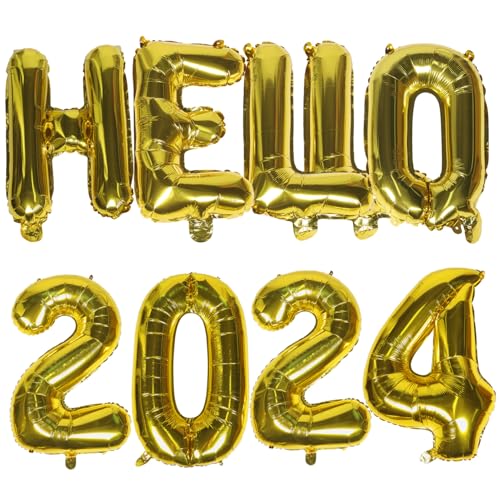 GREENADSCAPE 1 Satz HELLO 2024 wand polsterung deckenverkleidung neujahrsdekoration balloon 2024 Luftballons Girlande Dekoration weihnachtsdeko Folienballons Partygeschenk Aluminiumfolie Golden von GREENADSCAPE